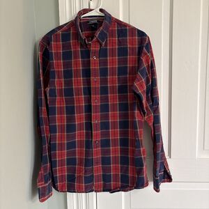 Lands End Shirt Mens Medium 15-15.5 Red Blue Plaid Flannel Traditional Fit